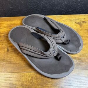OluKai Hokua Mens US 12 Brown Leather Thong Beach Sandals‎ Flip Flops